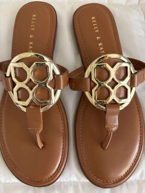 Kelly & Katie Shoes - Kelly & Katie Tan Sandals with Gold Medallions size 7 1/2